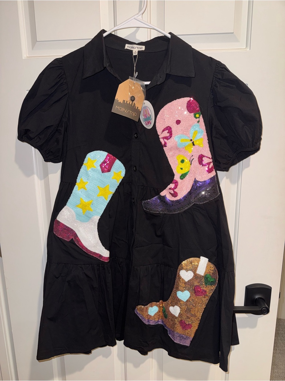 Main Strip Black Short Sleeve Dress with Colorful Sequin Cowboy Boots